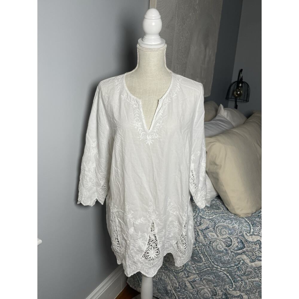 Marina Luna 1X White Embroidered Tunic Top Crochet Boho Cotton Peasant Resort